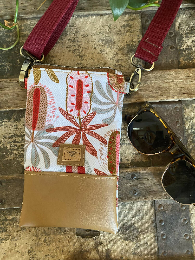 Mini Crossbody Bag - Red Banksia/Tan Faux Leather