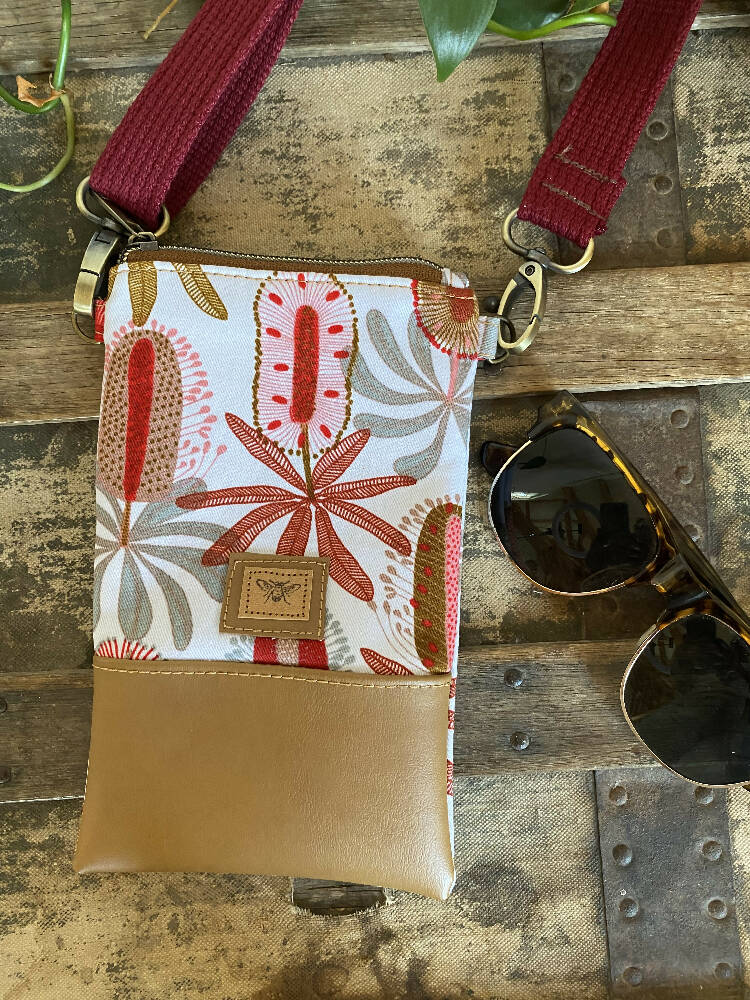 Mini & Small Crossbody Bag - Red Banksia/Tan Faux Leather