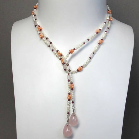 Rose quartz and coral lariat necklace