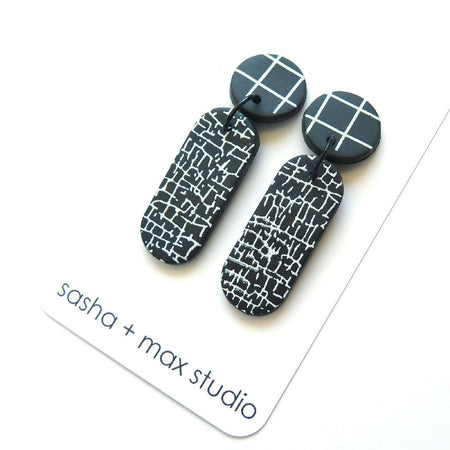 Crackle Black and White Statement Polymer Clay Earrings - Tablet drop