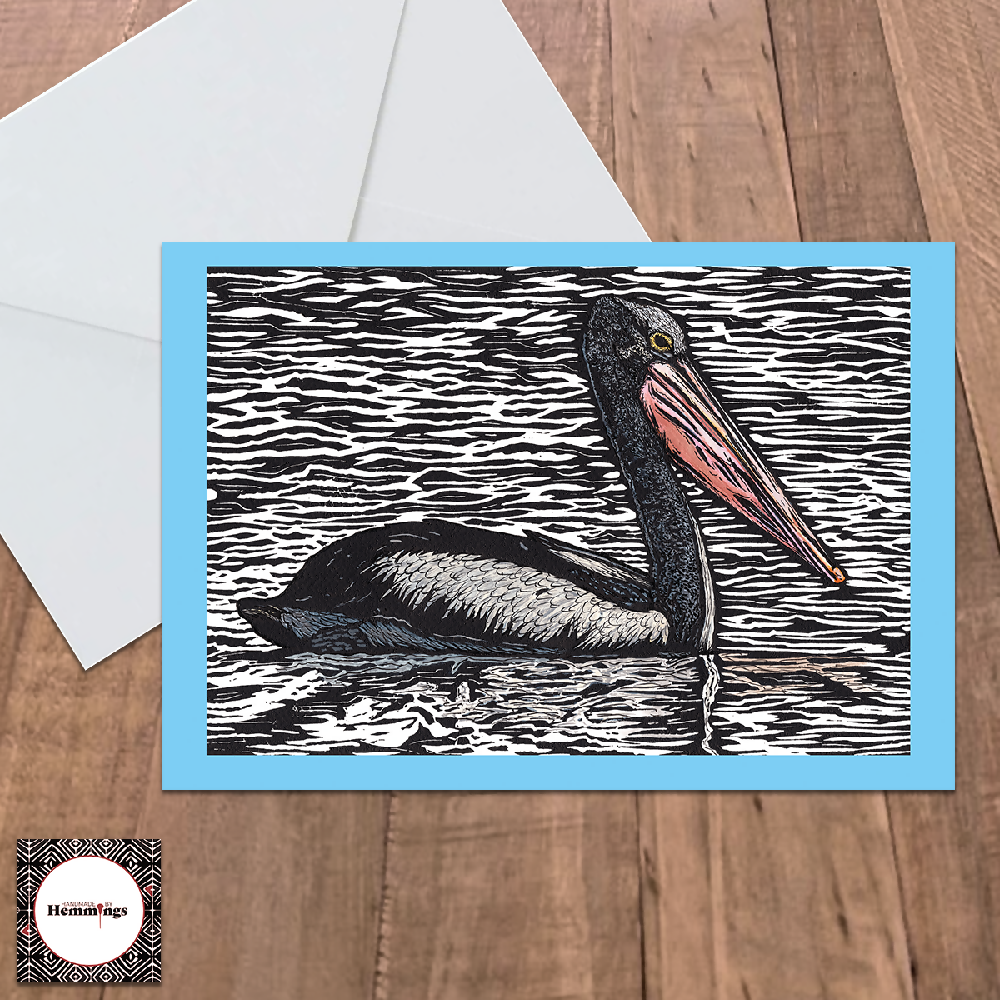 Pelican (Blue Border) Greeting Card + Envelope