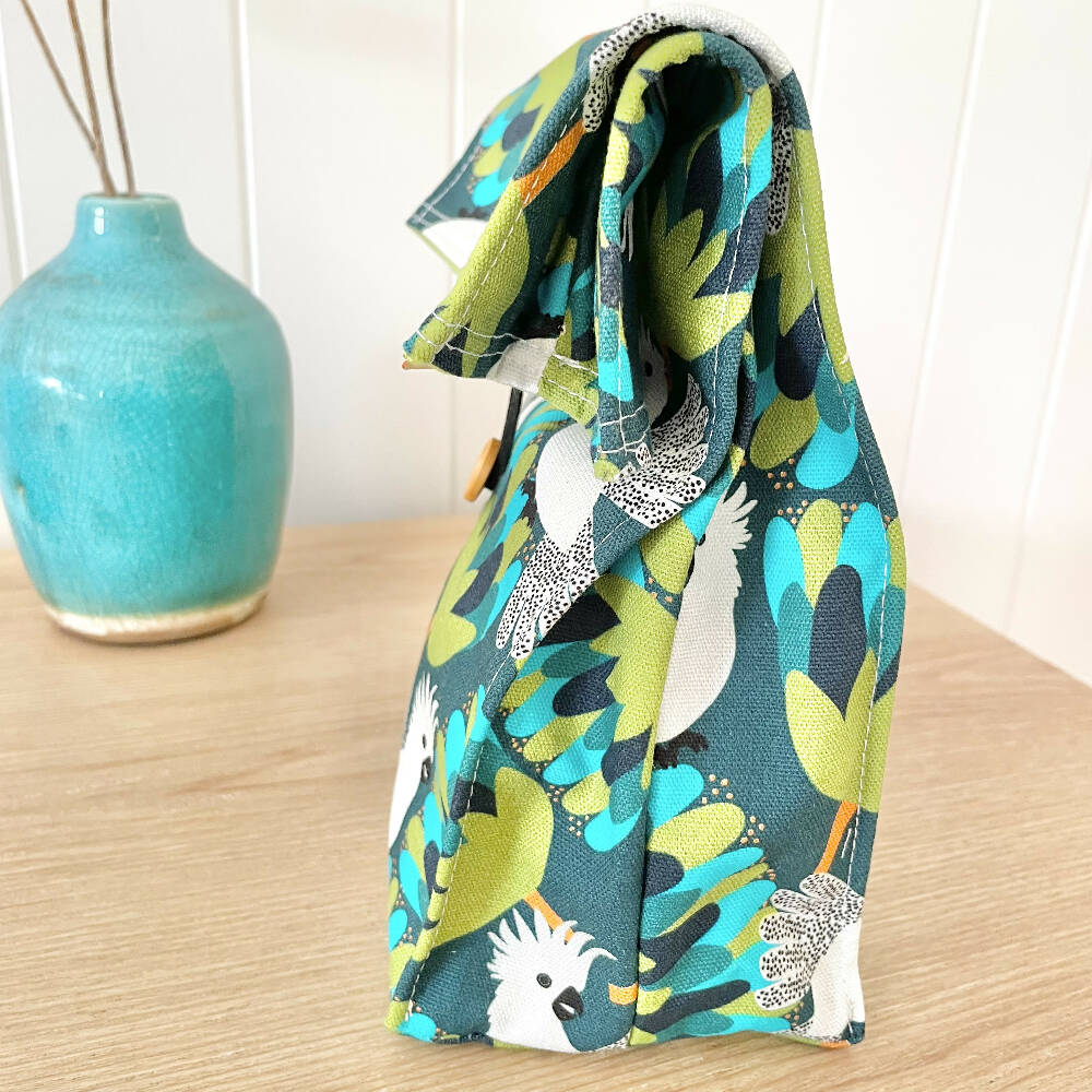 Lunch Bag Cotton Canvas~ Reusable, Fold Over~ Cockatoos