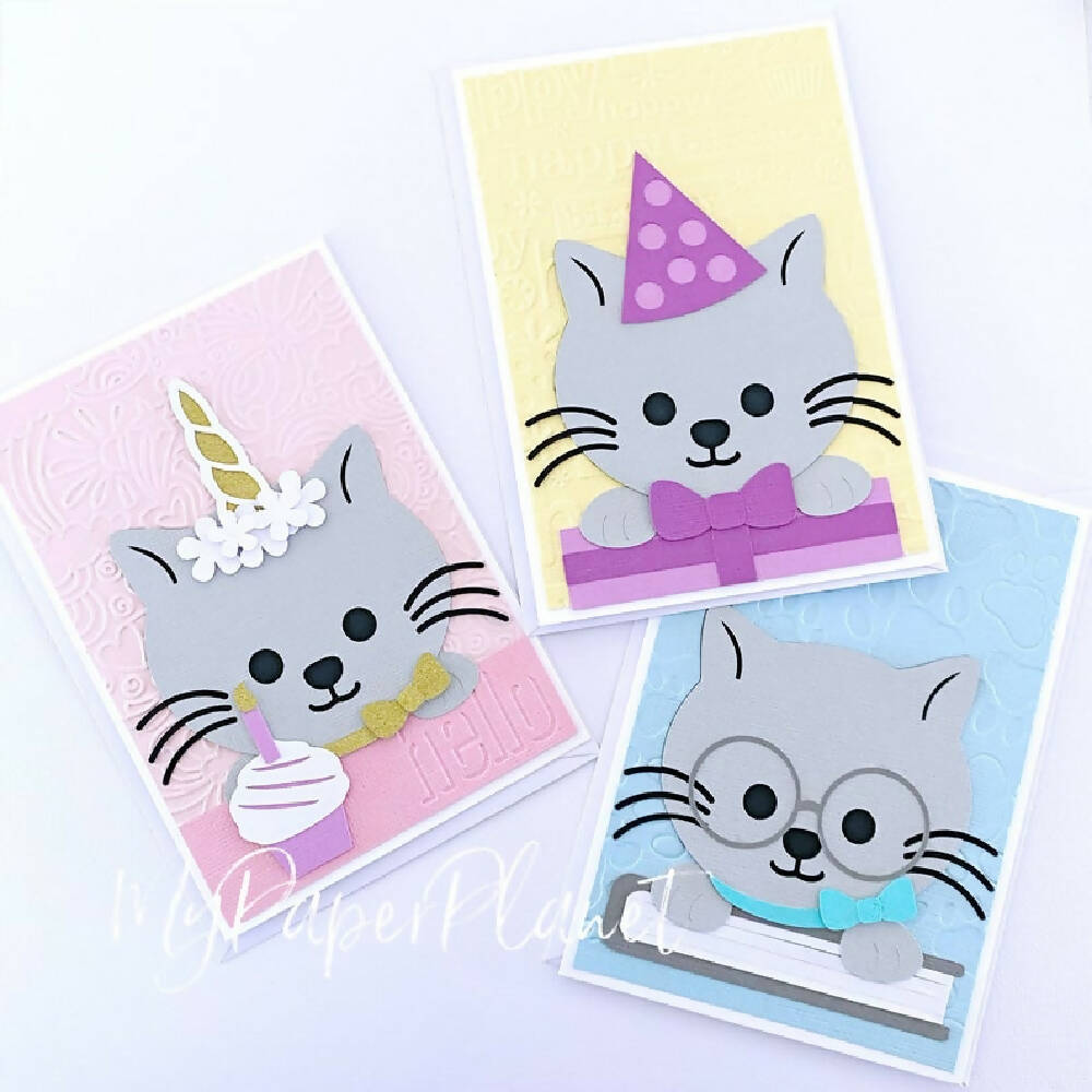 Birthday Present Cat greeting card. Kitty with gift, blank card.