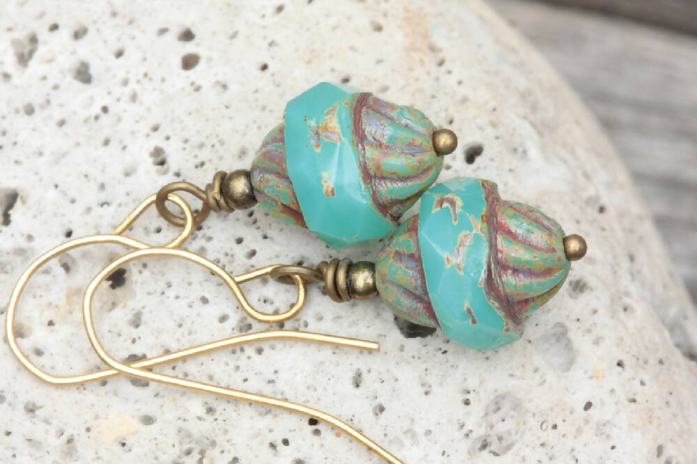 Turquoise Blue Picasso and Brass Czech Glass Beaded Earrings