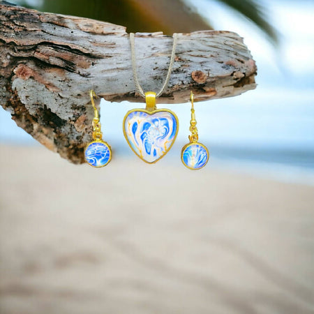 Blue, White and Gold Pendant and Earring Set