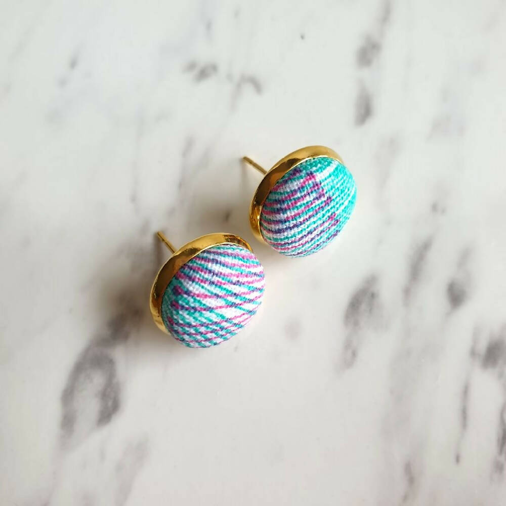 1.4cm Round Cabochon Pink & Blue lined fabric stud earrings No.13