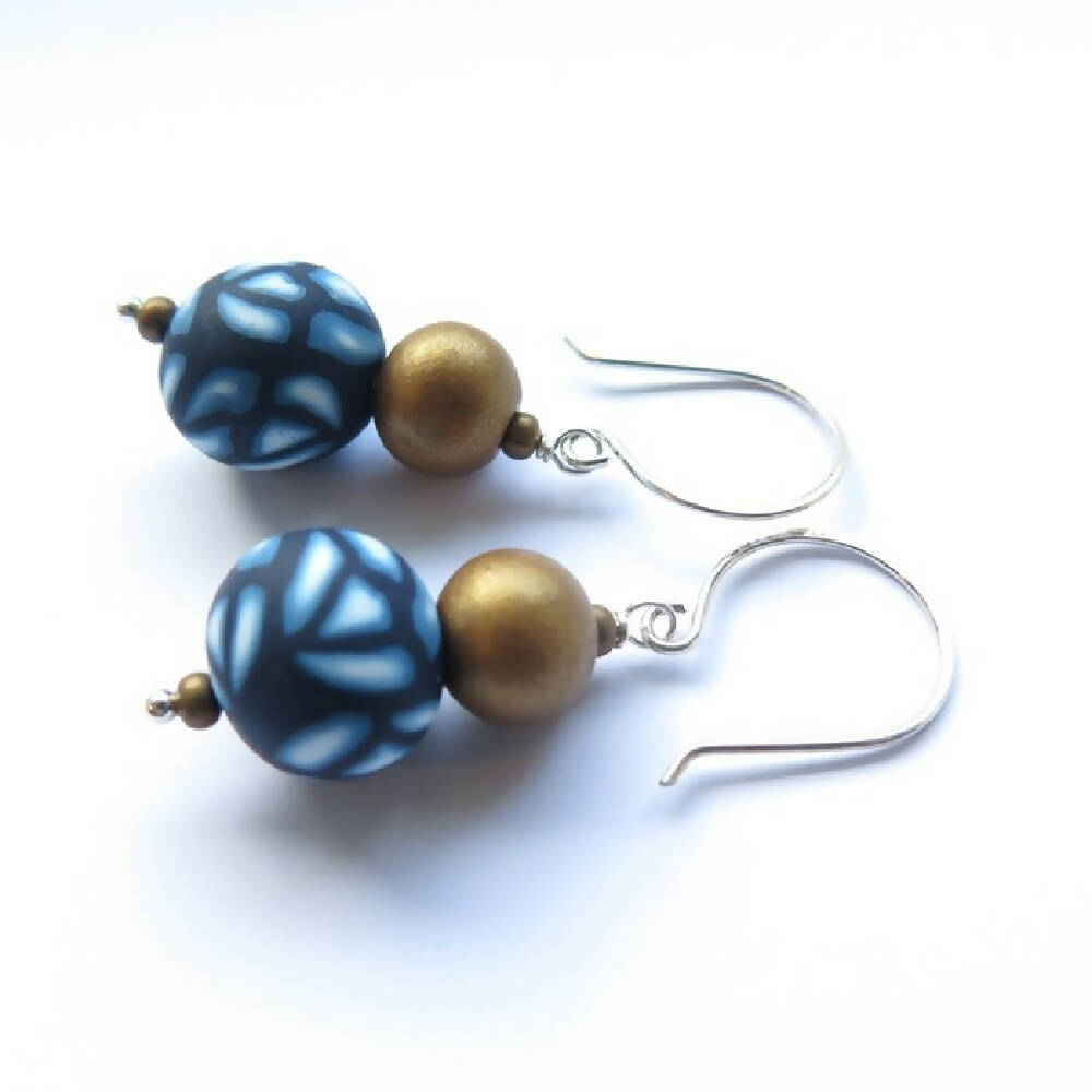 Navy Rose Beaded drop sterling and polymer clay earrings