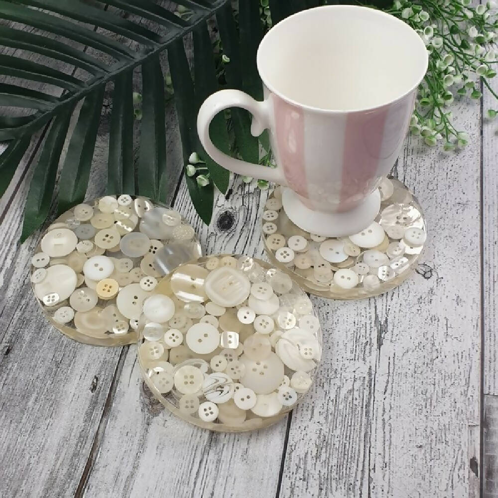 Coaster White Buttons Round Flat Resin Handmade Cast (1)