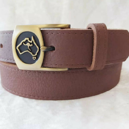 Brown Full Grain Cowhide Leather Belt with Australia Motif, Australian Made, 39mm Wide