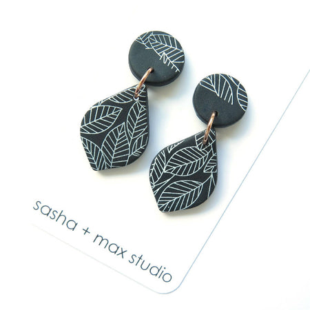 Leaf black + white polymer clay earrings - mid with rose gold