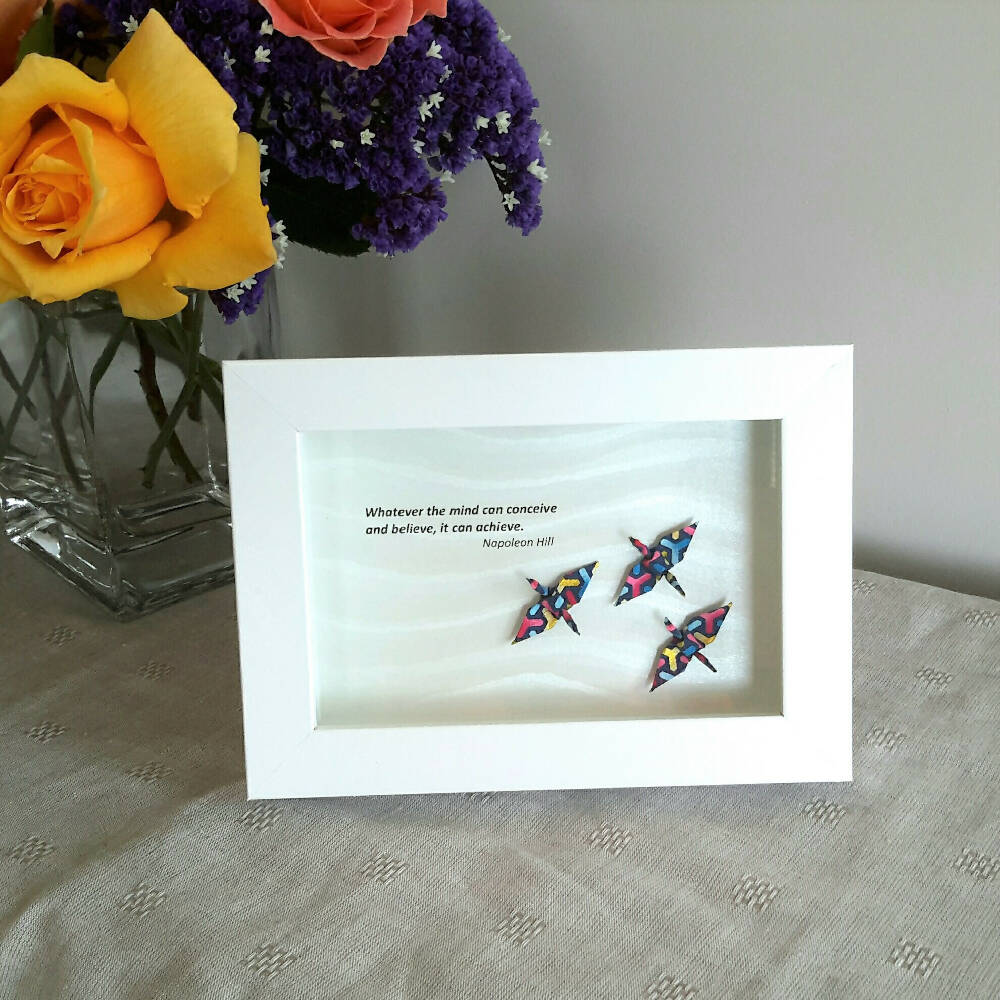 framed art colourful cranes - marion nelson art
