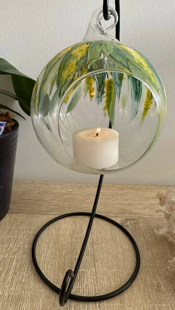 Tea Light Candle Holder, Painted, FREE SHIPPING Australian Wattle Flowers