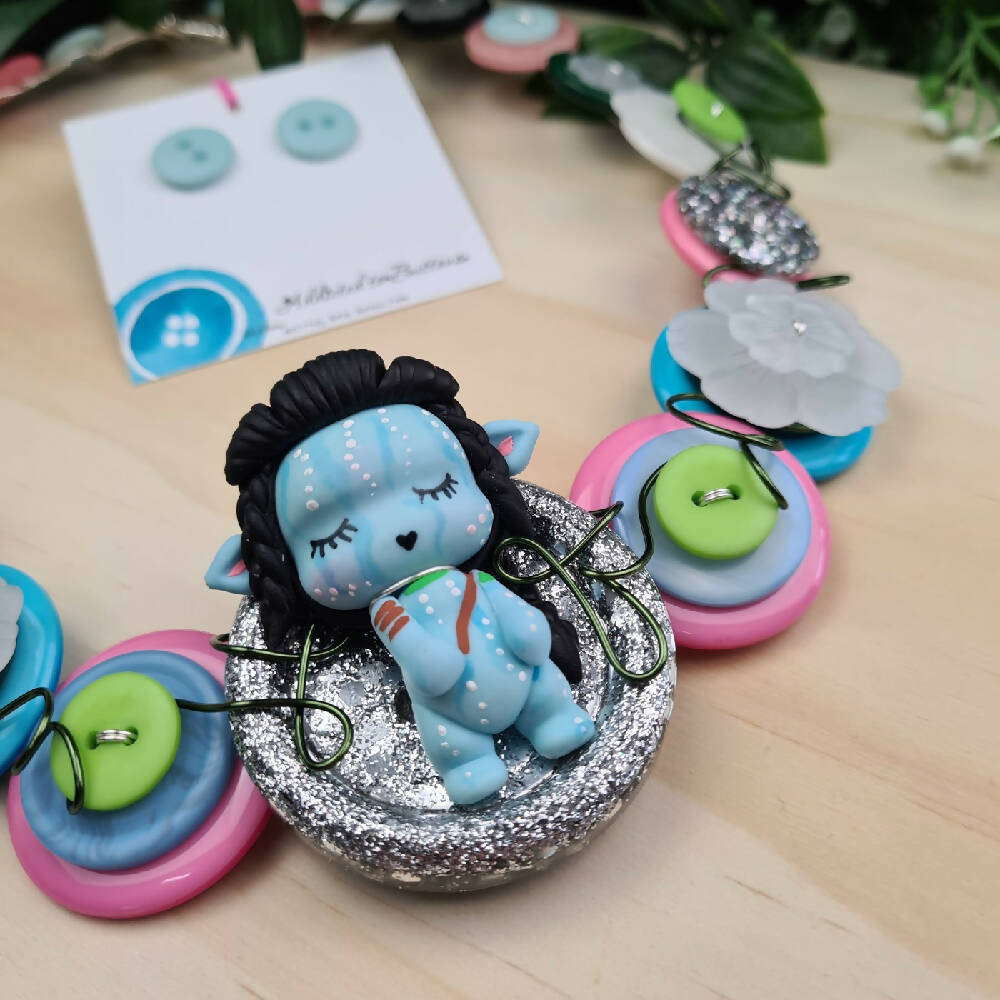 Button Necklace Blue Alien Button Jewellery and Earrings