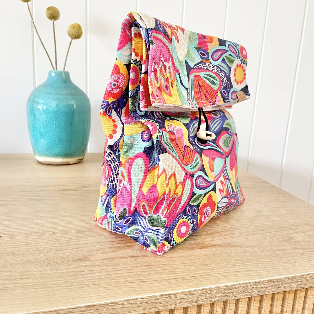 Lunch Bag Cotton Canvas~ Reusable, Fold Over~ Bright Blooms