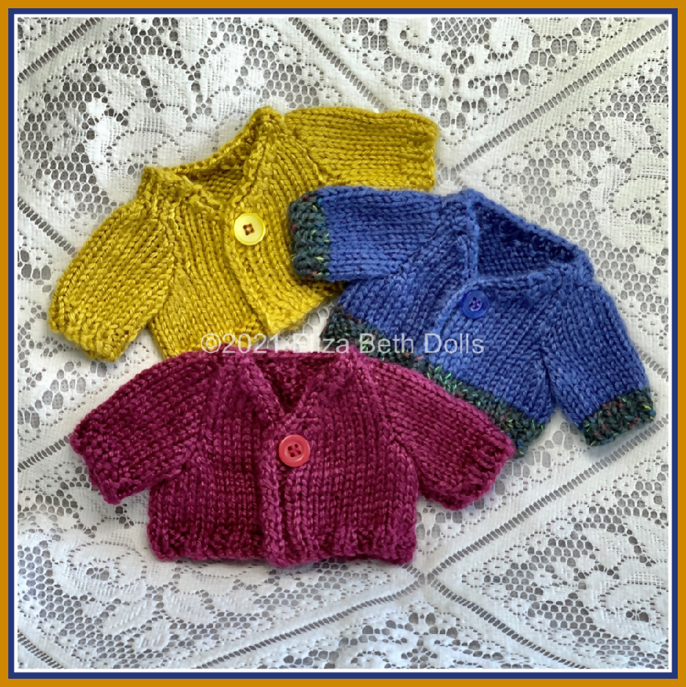Miniland 21cm clothes, PDF digital pattern, Cardigan, Jacket, Coat, Boy, Girl, Unisex, Easy quick knit, Straight needles, Flat knit, Baby doll clothes, Cute outfit, Doll accessories, Minikane, 8inch, Eliza Beth Dolls, ElizaBethDolls, Australia, Clear instructions, Photos, 8ply DK yarn, Beginner friendly, Basic knitting, Simple pattern, 1