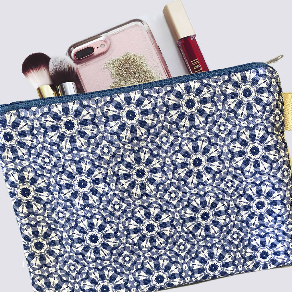 Secret Message Zipper Purse - Hamptons style blue mosaic tile print #33