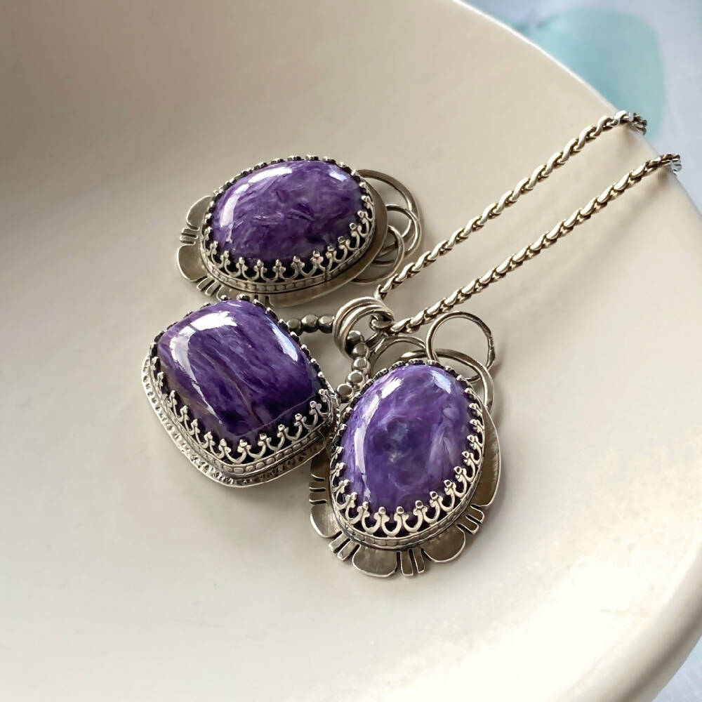 Sterling Silver and Charoite Gothic Pendant - Oval