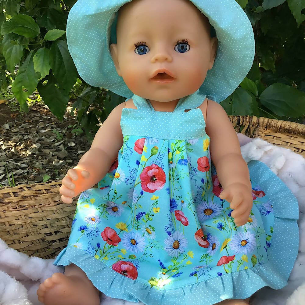 34-43cm dolls Sundress and Sunhat - aqua floral
