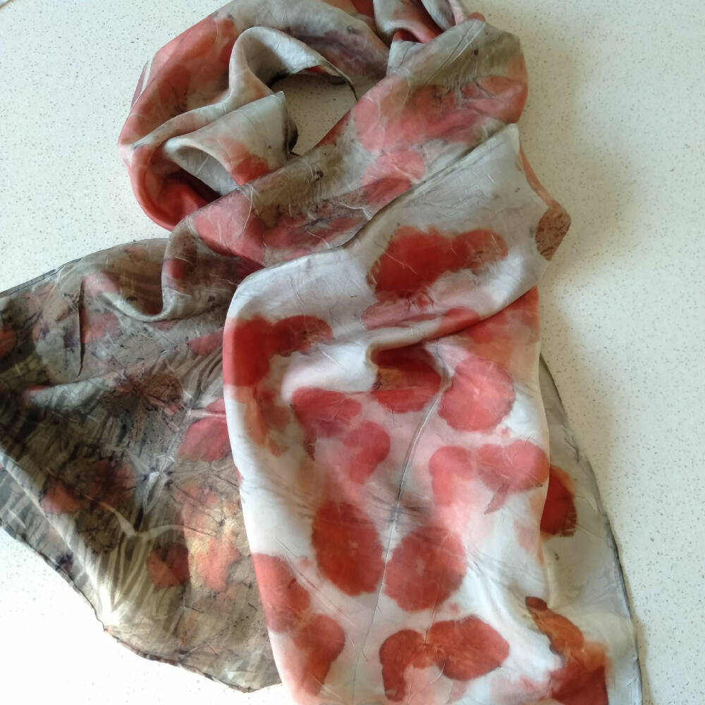 Silk eco printed scarf with eucalyptus leaves
