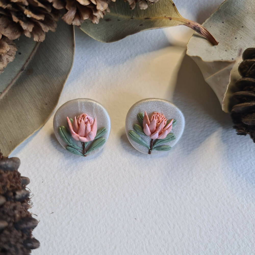 Earrings, Coral Protea Studs