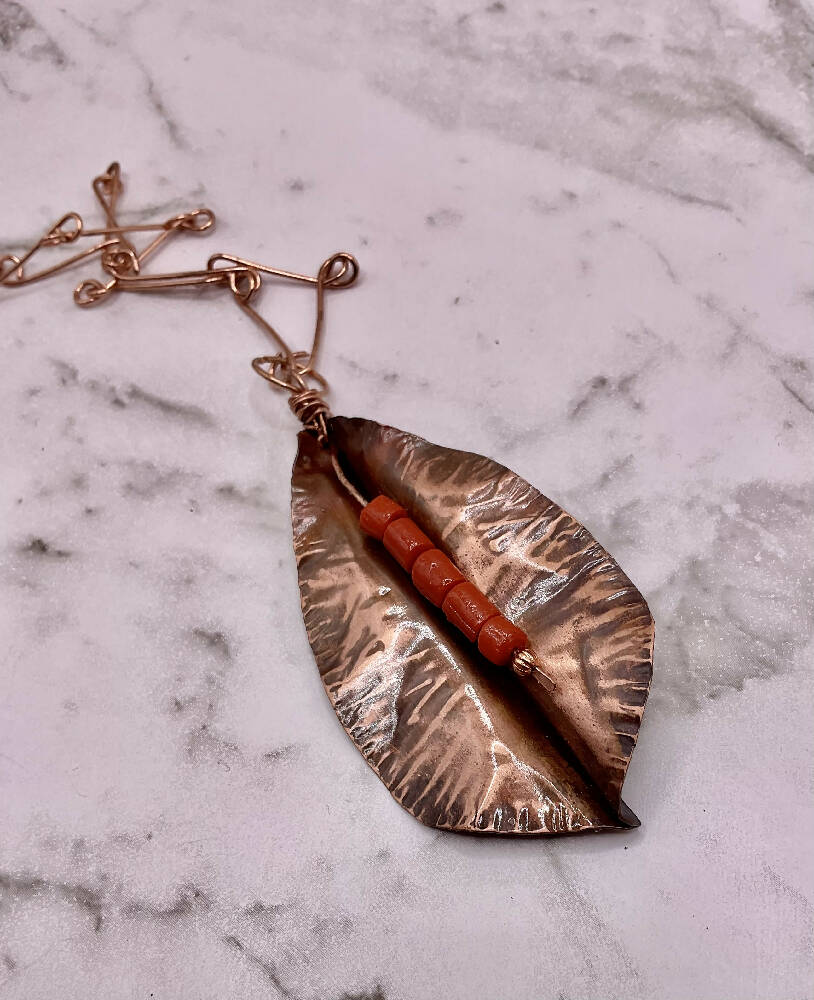 Leaf Pendant with Coral & Chain