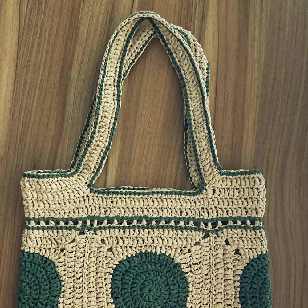 Eco-chic Raffia Tote Bag - Green Circles