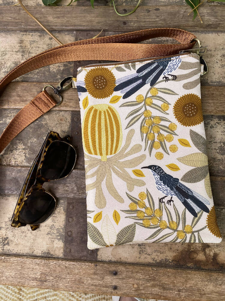 Mini & Small Crossbody Bag - Wattle Bird & Banksia/Tan Faux Leather