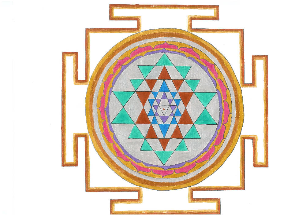 Meditation Art - Shri Yantra- 43cm x 33cm-Hand drawn with traditional colours