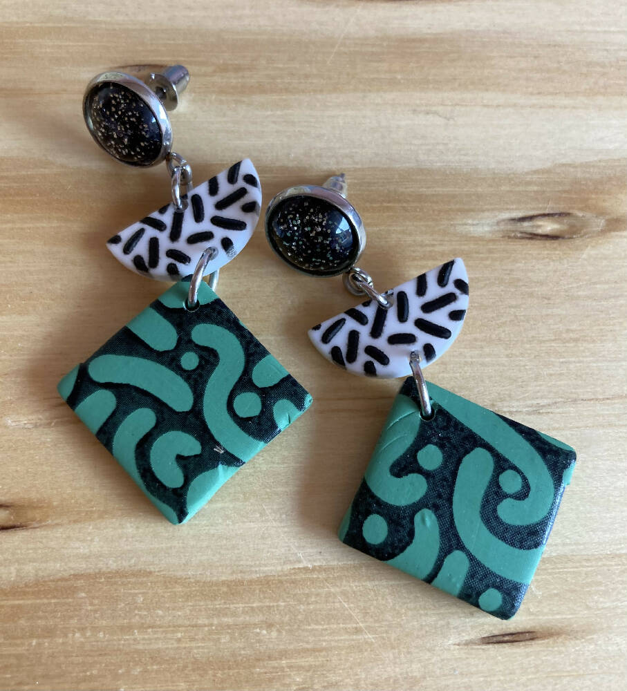 Green / black / white triple layer earrings