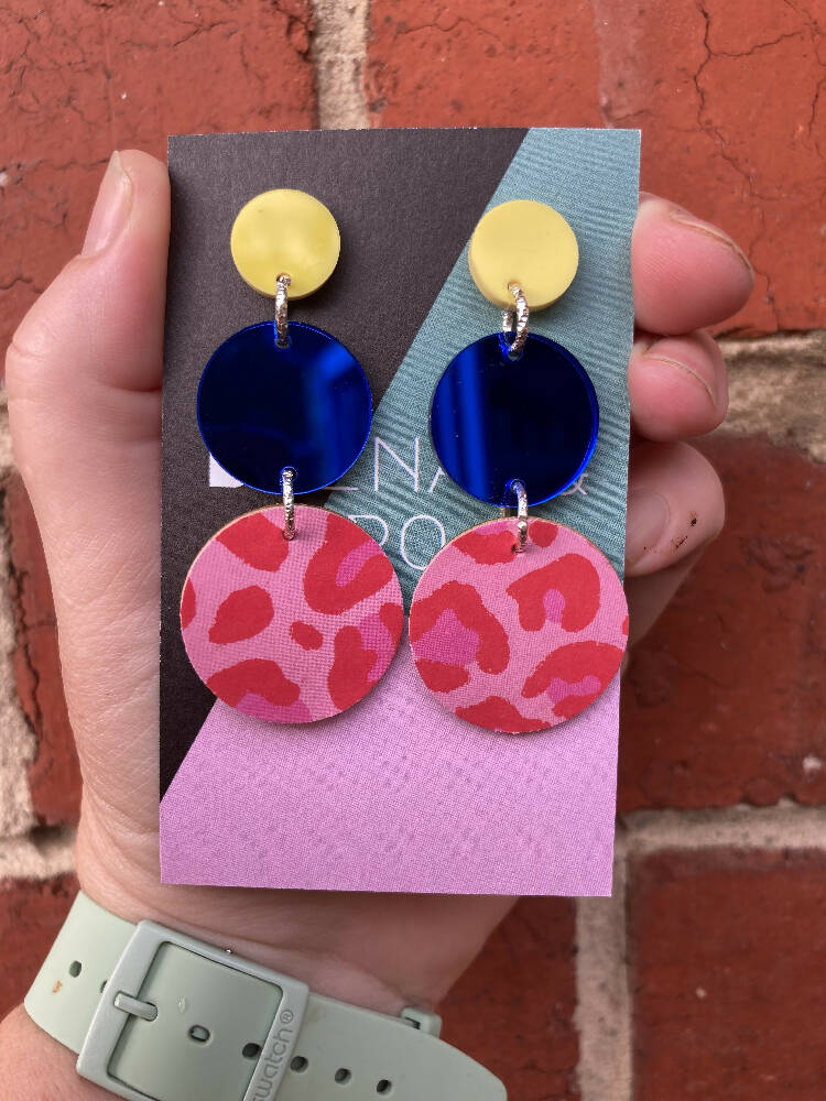 Triple layer red/pink animal print earrings