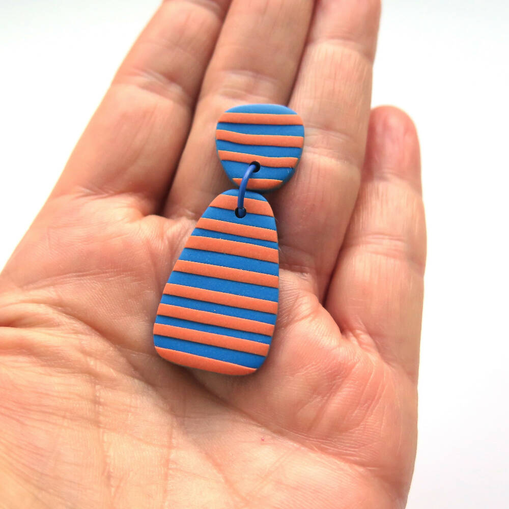 Stripe Orange and Blue Polymer Clay Drop Earrings