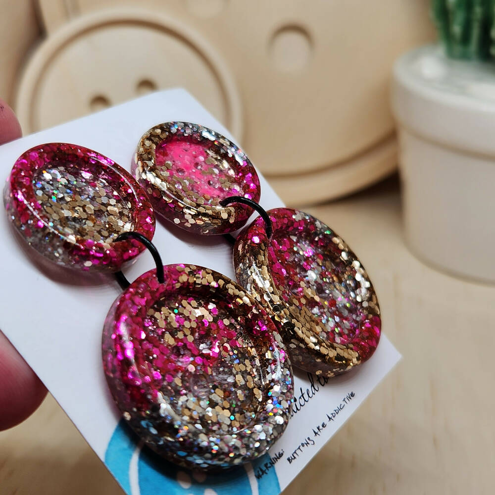 Dangle Earrings- Billie Button Bold Pink - Resin - Stud Top