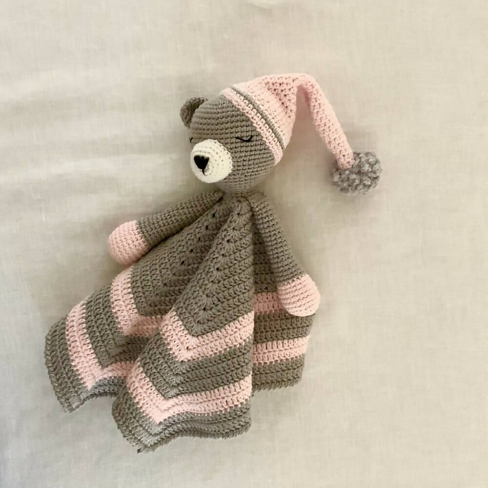 Handmade Crochet Sleepy Baby Bear Security Comforter Blanket
