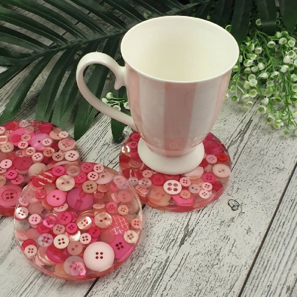 Coasters - PINK - Button & Resin Mix - Drinks - Mug Glass - Paperweight - SINGLE