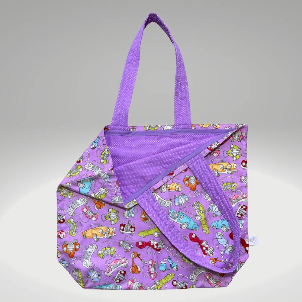 Grocery Tote .. Cars .. Lined with storage pouch