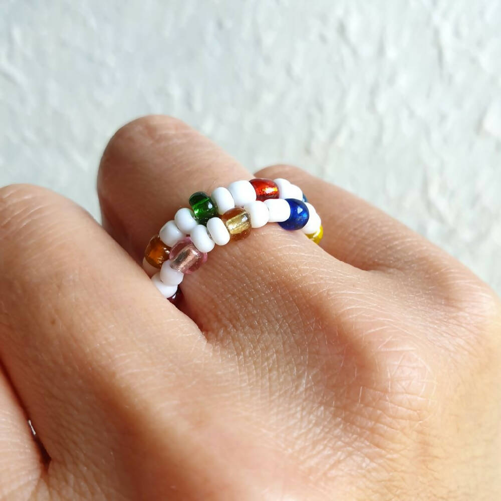 Statement colourful seed bead 2 line memory wire ring , White & Silver lined
