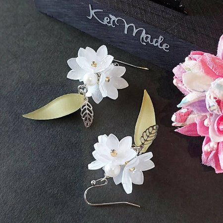 White & Olive Flower Bouquet Earrings - cute dangle floral statement earrings
