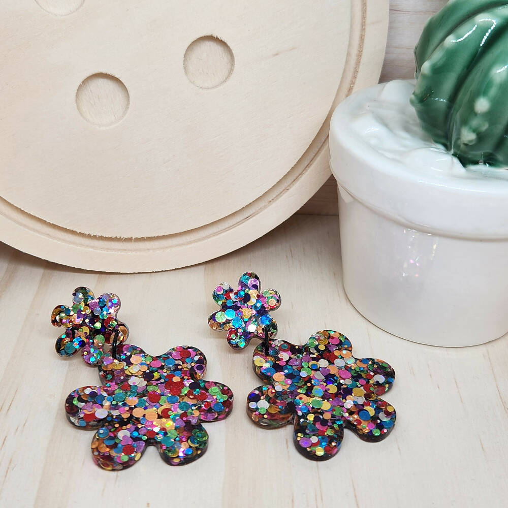 Dangle Earrings Rainbow Pop Sparkle - Resin - Stud Top
