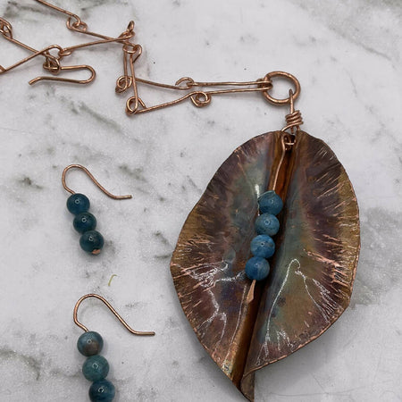 Copper Leaf Pendant with Azurite & Chain