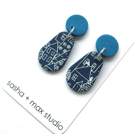 Blueprint blue and white houses pear statement Polymer Clay earrings