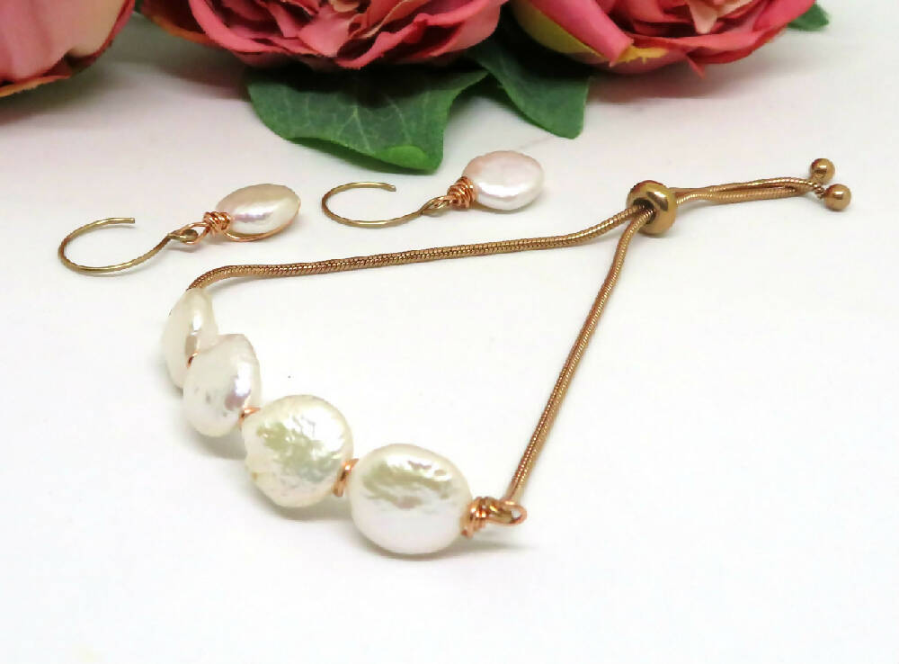 White Button Pearl Wire Wrapped Slider Bracelet and Earring Set