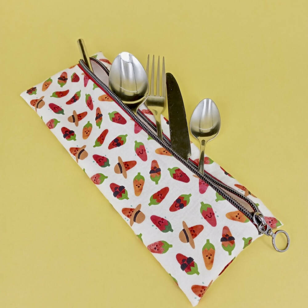 Reusable Cutlery Pouch - Chilli Peppers on Ivory
