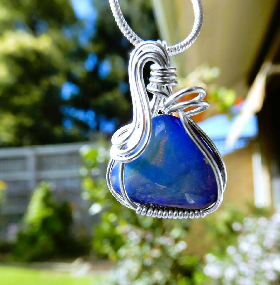 Blue Crystal Opal doublet pendant Sterling silver wire wrapped