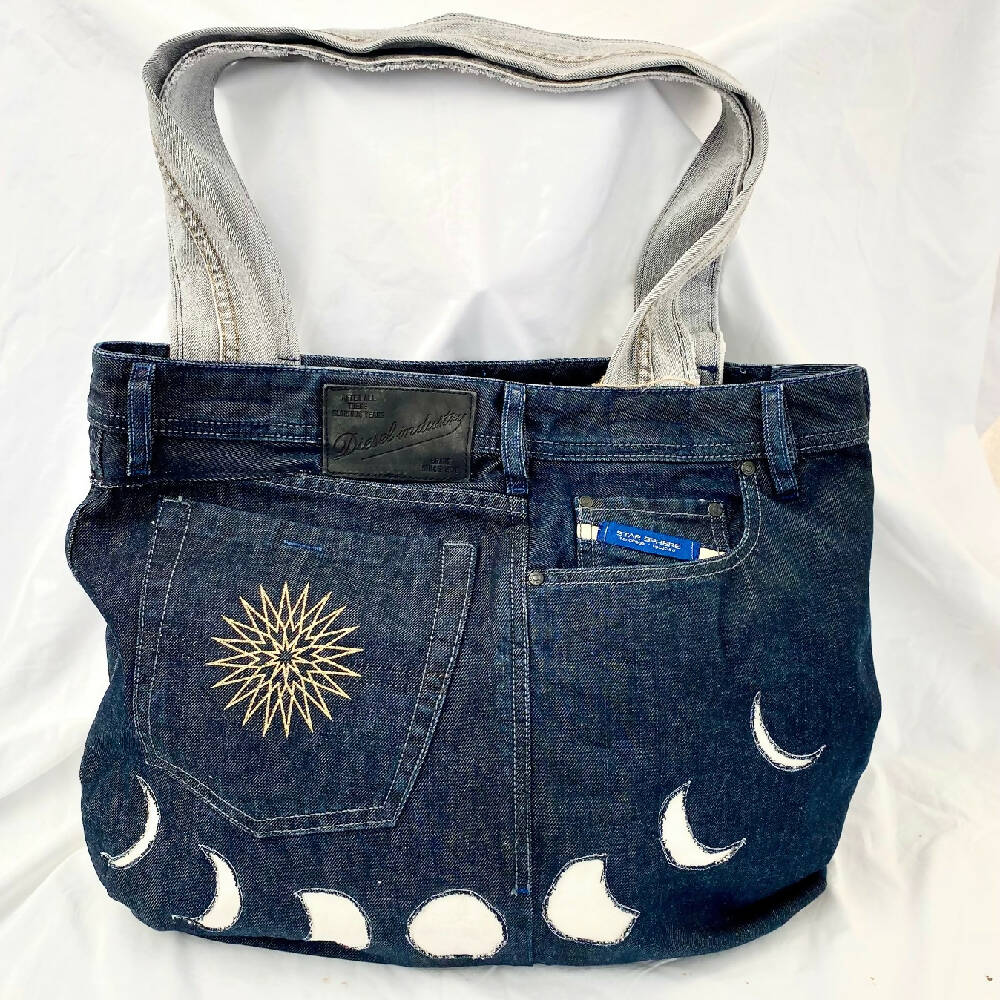 Designer Denim Tote - Moon Phases