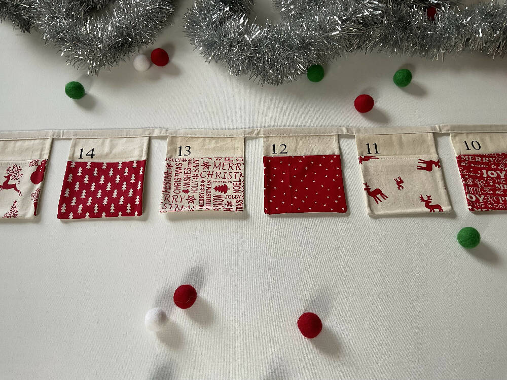 Christmas Advent Calendar Fabric Bunting / Red and White