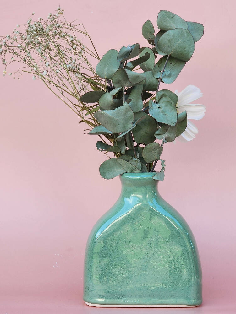 Handmade Ceramic Bottle Vase - Green Stone Glazed