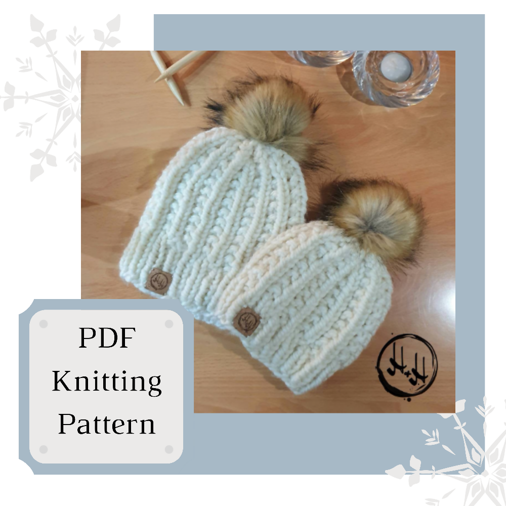 EASY KNITTING PATTERN, Chunky Beginner Knit, Mum & Me Beanie Hat Pattern Set, Quick Knit, Hat Pattern in 3 Sizes