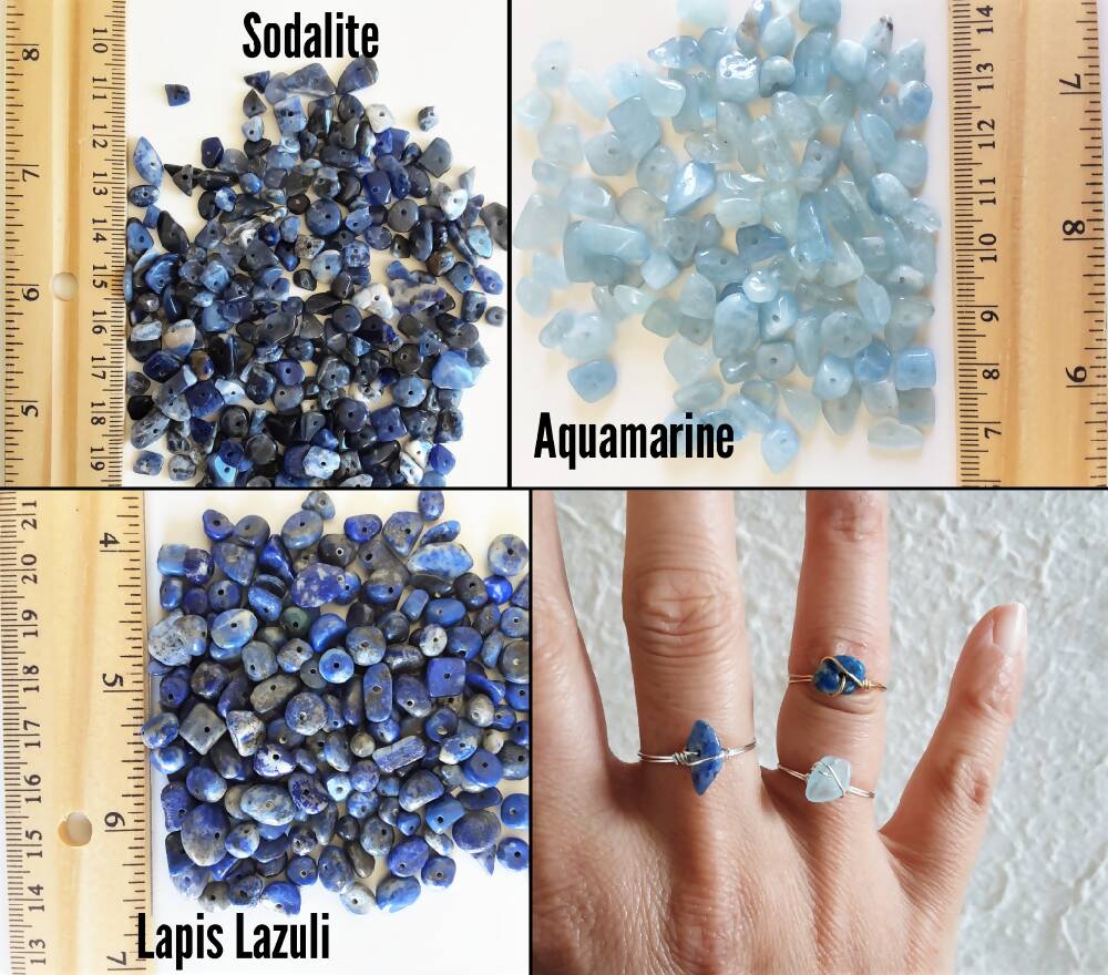 Dainty Natural gemstone wire wrapped ring , Lapis Lazuli Aquamarine Sodalite