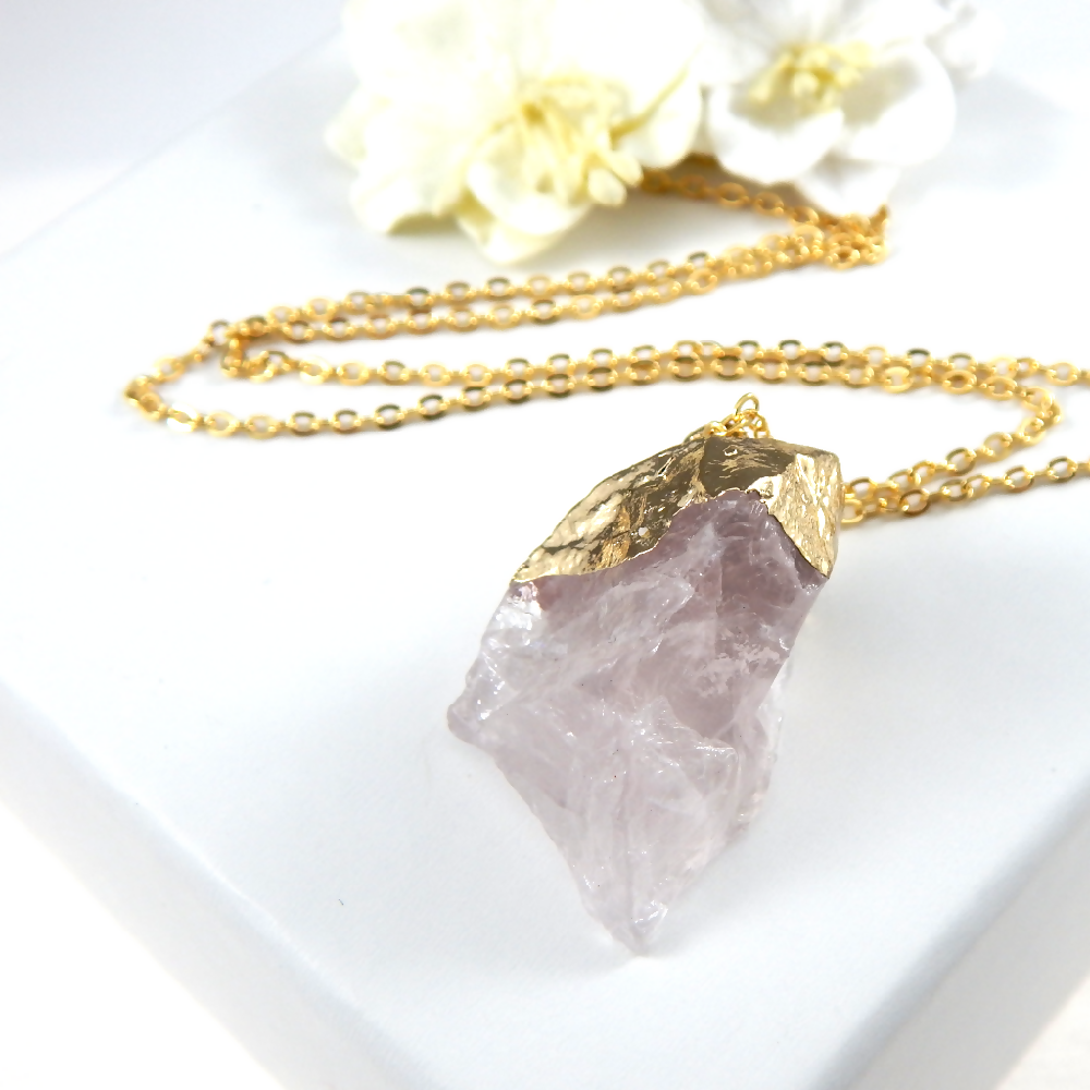 Rose Quartz Raw Stone Necklace,Rose Quartz Pendant Necklace