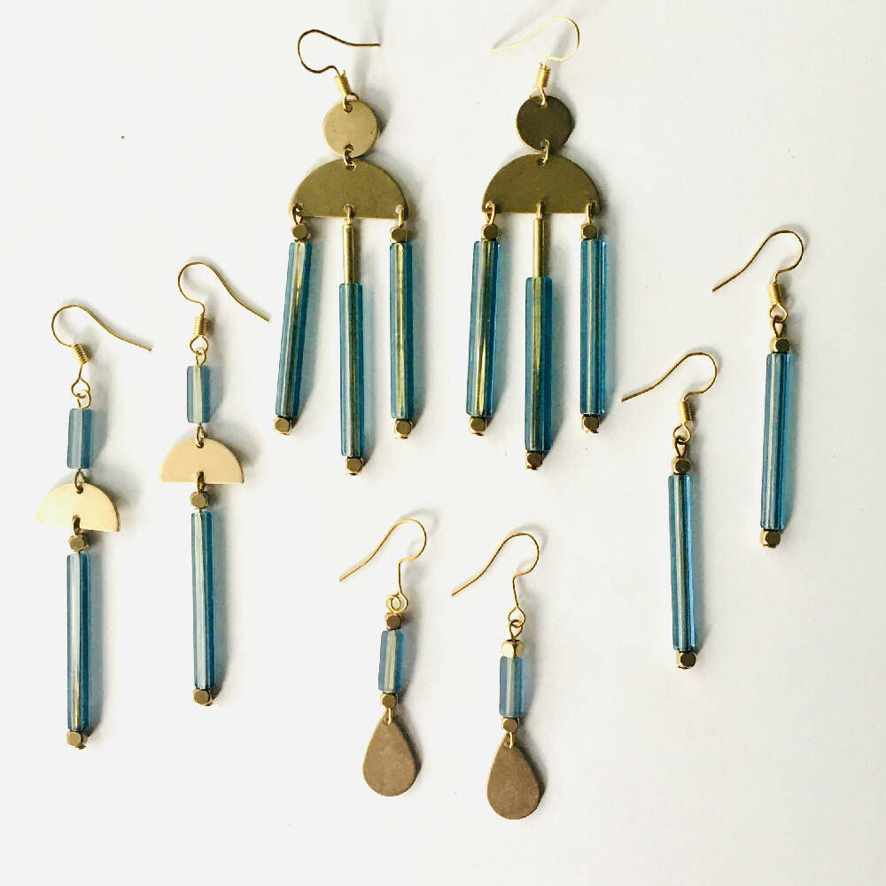 Blue Czech glass gold dangly earrings